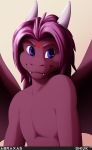  2012 abraxas anthro blue_eyes clothed clothing digital_media_(artwork) dragon front_view grin hair half-length_portrait hi_res horn male nude portrait purple_body purple_hair scalie shiuk simple_background smile solo three-quarter_view topless western_dragon white_background wings 