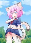  2019 4_fingers anthro black_spots blue_eyes blue_sky bottomwear clothing clothing_lift crotchless_panties domestic_cat felid feline felis female front_view fur hair hi_res kemono lingerie looking_at_viewer low-angle_view mammal navel open_mouth outside panties pink_hair portrait pussy school_uniform short_hair shush skirt skirt_lift sky solo spots spotted_fur standing three-quarter_portrait underwear uniform upskirt white_fur young yukiharu_nyawate 