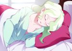  1girl bed_sheet blanket closed_eyes collarbone commentary diana_cavendish green_hair jcm2 little_witch_academia long_hair lying on_side open_mouth pillow sleeping solo under_covers white_robe 