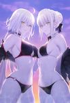  2girls absurdres ahoge artoria_pendragon_(all) artoria_pendragon_(swimsuit_rider_alter) asymmetrical_docking backlighting bangs bare_shoulders bikini black_bikini black_bow black_choker black_jacket blonde_hair bow braid braided_bun breast_press breasts choker closed_mouth cloud commentary_request cowboy_shot crop_top cropped_jacket expressionless eyebrows_visible_through_hair fate/grand_order fate_(series) frilled_bikini frilled_choker frills from_side groin hair_between_eyes hair_bow hair_bun halter_top halterneck highres hip_focus jacket jeanne_d&#039;arc_(alter_swimsuit_berserker) jeanne_d&#039;arc_(fate)_(all) large_breasts long_hair long_sleeves looking_at_viewer maid_bikini maid_headdress medium_breasts multiple_girls navel nipi27 o-ring o-ring_bikini o-ring_bottom o-ring_choker o-ring_top off_shoulder open_clothes open_jacket outdoors pale_skin parted_lips ribbon-trimmed_choker saber_alter short_hair shrug_(clothing) sideboob sidelocks skindentation sky smile standing straight_hair string_bikini sunset swimsuit thighs very_long_hair wet wet_hair white_choker white_hair wide_hips yellow_eyes 