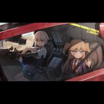  2girls blonde_hair blue_eyes car crossover cyberpunk dana_zane driving english_text eyebrows_visible_through_hair girls_frontline ground_vehicle gun hat looking_afar mechanical_arm motor_vehicle multiple_girls official_art police_hat red_eyes shotgun smile spoilers super_shorty_(girls_frontline) va-11_hall-a weapon white_hair 