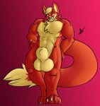  animal_genitalia anthro balls big_balls big_sheath canid canine fox fur hi_res kotetsu_rexen looking_at_viewer male mammal muscular muscular_male nude sheath simple_background smile solo 