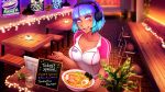  1girl absurdres blue_hair blush bob_cut breasts cleavage collarbone dark_skin dreamgirl_(iahfy) english_text facial_tattoo food gradient_hair head_tilt headset heart_tattoo highres iahfy indoors looking_at_viewer multicolored_hair name_tag night noodles original ramen restaurant sign solo tattoo vaporwave waitress 