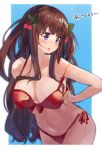  .live 1girl adjusting_clothes adjusting_swimsuit bikini blush breasts brown_hair cleavage collarbone hair_ribbon highres kakyouin_chieri large_breasts navel open_mouth ramu_(taka1995) red_bikini ribbon simple_background solo sweatdrop swimsuit virtual_youtuber 