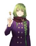  1other 47_(479992103) androgynous blush braid dress enkidu_(fate/strange_fake) fate/grand_order fate_(series) gilgamesh green_hair jewelry light_green_hair long_hair long_sleeves purple_dress scarf simple_background single_braid smile solo very_long_hair white_background yellow_eyes 