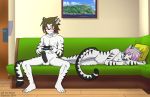  anthro black_penis blush breasts casual_nudity duo erection eyewear felid female gaming glasses humanoid_penis male mammal navel nipples nude pantherine penis playing_videogame pussy raxkiyamato sitting sleeping sofa spread_legs spreading tiger 