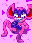  3:4 anus balls big_ears bodily_fluids demon glistening hi_res humanoid humanoid_penis imp impidimp long_tongue looking_at_viewer lying male nintendo not_furry open_mouth penis pink_penis pink_skin pok&eacute;mon pok&eacute;mon_(species) pose precum purple_anus purple_tongue saliva signature simple_background smile solo stakota tongue video_games 