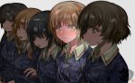  5girls akiyama_yukari artist_logo bangs black_eyes black_hair blue_jacket blunt_bangs blurry blurry_foreground blush brown_eyes brown_hair closed_eyes commentary depth_of_field eyebrows_visible_through_hair frown girls_und_panzer green_shirt grey_background hairband isuzu_hana jacket light_smile long_hair long_sleeves looking_at_viewer looking_to_the_side messy_hair military military_uniform multiple_girls nishizumi_miho ooarai_military_uniform open_mouth orange_eyes orange_hair reizei_mako shirt short_hair side-by-side spotlight standing sweatdrop takebe_saori uniform veerinly white_hairband 