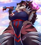  absurd_res anthro canid canine clothed clothing female hi_res legwear looking_at_viewer low-angle_view mammal melee_weapon outside slightly_chubby solo standing sword tharja_(justkindofhere) thick_thighs thigh_highs voluptuous weapon zerolativity 