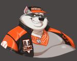  anthro bandanna baseball_cap belly big_belly clothed clothing dog_tags double_chin eye_scar facial_markings fur grey_background grey_fur hat head_markings headgear headwear hi_res male mammal markings mask_(marking) moobs overweight overweight_male polartoons procyonid raccoon rocky_ramos scar simple_background smile solo teeth white_fur 