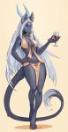  5_fingers anthro breasts canid canine clothed clothing female hair hi_res horn hybrid mammal midriff navel necroizu simple_background skimpy smile solo standing white_hair 