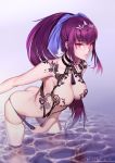  1girl absurdres artist_name bangs breasts chiwan_hewan cleavage dated fate/grand_order fate_(series) hair_between_eyes headpiece highres large_breasts looking_at_viewer open_mouth partially_submerged ponytail purple_hair red_eyes scathach_(fate)_(all) scathach_skadi_(fate/grand_order) solo swimsuit swimsuit_pull thighhighs tiara water white_legwear 