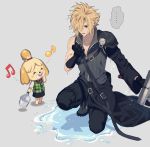  ... 1boy 1girl ^_^ belt blonde_hair blue_eyes bucket buster_sword closed_eyes cloud_strife crossover doubutsu_no_mori final_fantasy final_fantasy_vii gloves holding holding_sword holding_weapon humiyooo kneeling musical_note shizue_(doubutsu_no_mori) simple_background spoken_ellipsis sword weapon wet wet_clothes wet_hair 