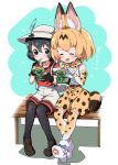  2girls :d ^_^ animal_ear_fluff animal_ears backpack bag bare_shoulders bench black_gloves black_hair black_legwear blonde_hair boots bow bowtie brown_footwear chopsticks closed_eyes commentary_request donbee_(food) eating elbow_gloves extra_ears food gloves hat hat_feather heart high-waist_skirt highres kaban_(kemono_friends) kemono_friends legwear_under_shorts multiple_girls nekonyan_(inaba31415) noodles open_mouth pantyhose print_gloves print_legwear print_neckwear print_skirt red_shirt serval_(kemono_friends) serval_ears serval_print serval_tail shirt shoes short_hair short_sleeves shorts sitting skirt sleeveless sleeveless_shirt smile tail thighhighs translated white_footwear white_shirt white_shorts 