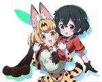  2girls :d animal_ear_fluff animal_ears black_gloves black_hair black_legwear blonde_hair blue_eyes blush bow bowtie brown_footwear carrying commentary_request elbow_gloves gloves highres kaban_(kemono_friends) kemono_friends legwear_under_shorts looking_at_viewer multiple_girls nekonyan_(inaba31415) open_mouth pantyhose princess_carry print_gloves print_neckwear print_skirt red_shirt serval_(kemono_friends) serval_ears serval_print serval_tail shirt shoes short_hair short_sleeves shorts simple_background skirt smile tail white_background white_shorts yellow_eyes 