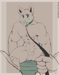  2018 4_fingers abs absurd_res animal_genitalia balls biceps border canid canine canis collar digital_media_(artwork) domestic_dog dominant_pov domination duo eyebrows first_person_view green_eyes hi_res leash looking_at_viewer male mammal muscular muscular_male nipples open_mouth paws pecs sheath shiuk solo_focus tongue tongue_out url 
