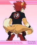  anthro anus balls canid canine canis clothing crouching domestic_dog footwear genital_piercing hair haru_(raxkiyamato) humanoid_penis looking_at_viewer looking_back male mammal penis penis_piercing piercing raised_tail raxkiyamato red_hair sandals shirt solo topwear 