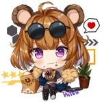  1girl :t animal_ears antenna_hair bangs bear_ears black-framed_eyewear black_footwear black_shirt black_shorts blue_jacket boots brown_hair brown_legwear chibi closed_mouth commentary crop_top doughnut eating eyebrows_visible_through_hair eyewear_on_head food food_on_face full_body girls_frontline grizzly_mkv grizzly_mkv_(girls_frontline) gun hair_between_eyes handgun heart hitsukuya holding holding_food jacket knee_boots knees_up long_sleeves looking_at_viewer object_namesake off_shoulder open_clothes open_jacket pistol purple_eyes shirt short_shorts short_sleeves shorts signature sitting solo spoken_heart star sunglasses symbol_commentary thighhighs v-shaped_eyebrows wavy_mouth weapon white_background 