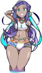  1girl arm_up arms_behind_back ass_visible_through_thighs bare_shoulders bikini blue_eyes blue_hair blush breasts dark_skin earrings enpe gym_leader highres hoop_earrings jewelry long_hair looking_at_viewer medium_breasts multicolored_hair necklace pokemon pokemon_(game) pokemon_swsh purple_hair rurina_(pokemon) simple_background smile solo swimsuit thigh_gap two-tone_hair very_long_hair white_background 