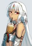  1girl altera_(fate) bare_shoulders bubble_tea dark_skin detached_sleeves drinking drinking_straw fate/grand_order fate_(series) i-pan looking_at_viewer red_eyes short_hair simple_background solo veil white_hair 