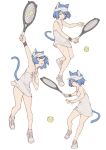  1girl :o animal_ears arm_up badminton badminton_racket ball blue_hair breasts cat_ears cat_tail dress eyebrows_visible_through_hair full_body green_ball hand_up holding holding_racket looking_to_the_side mogumo multiple_views open_mouth original playing racket red_eyes shoes short_dress simple_background small_breasts sneakers sport sportswear sweat tail white_background wristband 