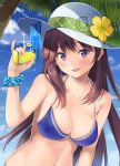  1girl :d bare_arms bare_shoulders bikini blue_bikini blue_sky blush breasts brown_hair cleavage cloud collarbone day finger_on_trigger flower glint halterneck hand_up hat hat_flower highres holding large_breasts long_hair looking_at_viewer navel open_mouth original outdoors palm_tree purple_eyes scrunchie sky smile solo sparkle stomach sun_hat sunlight swimsuit tree unasaka_ryou upper_body water_gun white_headwear wrist_scrunchie yellow_flower 