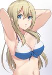 1girl arm_support arms_behind_head arms_up bikini blonde_hair blue_bikini blue_eyes breasts cleavage commentary eyebrows_visible_through_hair front-tie_bikini front-tie_top gradient gradient_background grey_background highres long_hair looking_at_viewer medium_breasts navel oohoshi_awai parted_lips saki solo standing swimsuit upper_body yamaori_(yamaorimon) 