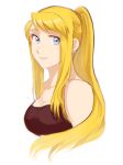  1girl bangs bare_arms bare_shoulders blonde_hair blue_eyes breasts cleavage earrings eyelashes fullmetal_alchemist happy highres jewelry long_hair looking_to_the_side medium_breasts ozaki_(tsukiko3) ponytail simple_background smile solo strapless tubetop upper_body white_background winry_rockbell 
