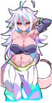  1girl ahoge android_21 arm_behind_back arm_up bandeau bangs bare_shoulders black_sclera blush bracelet breasts cleavage dragon_ball dragon_ball_fighterz earrings enpe hair_between_eyes harem_pants highres hoop_earrings huge_ahoge jewelry large_breasts long_hair looking_at_viewer majin_android_21 messy_hair navel neck_ring pants pink_skin pointy_ears red_eyes simple_background smile solo tail white_background white_hair 