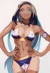  1girl bikini blue_eyes blue_hair breasts cameltoe cowboy_shot dark_skin hands_on_hips highres jewelry long_hair navel necklace pokemon pokemon_(game) pokemon_swsh rurina_(pokemon) smile solo swimsuit tan tanline vic 