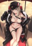  1girl azur_lane bangs beach_umbrella bikini binoculars bismarck_(azur_lane) black_bikini black_coat black_gloves blonde_hair blue_eyes breasts chair cleavage coat collarbone cross cross_necklace eyebrows_visible_through_hair gloves groin hair_between_eyes hand_on_hip hat head_tilt iron_cross jewelry large_breasts long_hair looking_at_viewer lounge_chair navel necklace off_shoulder open_clothes open_coat parfaitlate peaked_cap shade sidelocks sitting snap-fit_buckle solo stomach swimsuit thigh_strap thighs umbrella 