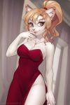  2019 2:3 alisa_(iskra) anthro blonde_hair breasts clothing curled_hair domestic_cat dress eyelashes felid feline felis female fur green_eyes hair inside iskra jewelry lips long_hair looking_at_viewer mammal necklace pink_nose ponytail solo thick_bottom_lip white_fur wide_hips 