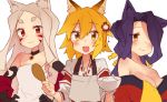  3girls animal_ears bare_shoulders black_gloves black_hair blonde_hair blush bowl breasts brown_eyes cleavage closed_mouth collarbone elbow_gloves eyebrows_visible_through_hair fox_ears fox_tail gloves hair_over_one_eye holding holding_bowl large_breasts long_hair looking_at_viewer multiple_girls open_mouth red_eyes rimukoro senko_(sewayaki_kitsune_no_senko-san) sewayaki_kitsune_no_senko-san shiro_(sewayaki_kitsune_no_senko-san) short_hair smile sora_(sewayaki_kitsune_no_senko-san) tail white_hair 