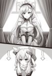  2girls animal_ears azur_lane belfast_(azur_lane) blush breasts cleavage collarbone directional_arrow elbow_gloves eyebrows_visible_through_hair gloves greyscale highres indoors large_breasts long_hair looking_at_another looking_away monochrome multiple_girls parted_lips raiou very_long_hair warspite_(azur_lane) 
