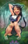  1girl animal_ears arm_up armpits breasts brown_eyes cat_ears cat_tail commentary dark_skin english_commentary fang full_body gloves hair_ornament hairclip highres ijiranaide_nagatoro-san kemonomimi_mode knees_together_feet_apart laughing loafers long_hair medium_breasts nagatoro one_eye_closed open_mouth paw_gloves paws pigeon-toed shoes sinihan sitting solo tail 