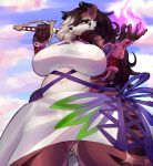  absurd_res anthro canid canine clothed clothing female hi_res looking_at_viewer low-angle_view mammal melee_weapon navel outside slightly_chubby solo standing sword tharja_(justkindofhere) thick_thighs voluptuous weapon zerolativity 