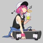  1girl absurdres cellphone coat coat_removed cup drink drinking earrings food fps_xilou fruit grey_background hair_between_eyes hat highres holding holding_cup holding_drink holding_skateboard jewelry lemon lemon_slice listening_to_music looking_away music original phone pink_eyes pink_hair pipe shirt simple_background sitting skateboard smoothie solo wristband 