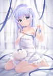  1girl amedamacon angora_rabbit animal bangs bare_arms bare_shoulders barefoot bed blue_bow blue_eyes blue_hair blue_ribbon blush bow bunny canopy_bed closed_mouth commentary_request curtains dress eyebrows_visible_through_hair frilled_dress frills gochuumon_wa_usagi_desu_ka? hair_between_eyes hair_ornament head_tilt indoors kafuu_chino long_hair on_bed ribbon sitting sleeveless sleeveless_dress solo tippy_(gochiusa) transparent very_long_hair wariza white_dress x_hair_ornament 