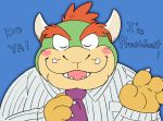  2019 anthro blue_background blush bowser clothing english_text eyes_closed horn humanoid_hands koopa male mario_bros necktie nintendo scalie shirt simple_background solo text topwear video_games wantaro 