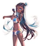  1girl absurdres akira_(ying) belt black_hair blue_eyes breasts dark_skin earrings gloves highres jewelry long_hair looking_at_viewer navel pokemon pokemon_(game) pokemon_swsh rurina_(pokemon) single_glove solo stretched_limb very_long_hair 