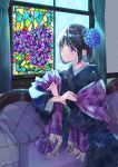  1girl bangs black_hair black_kimono blue_flower blush closed_mouth commentary_request couch curtains eyebrows_visible_through_hair floral_print flower fringe_trim hair_flower hair_ornament hydrangea indoors japanese_clothes kimono long_sleeves looking_away miyabi_akino on_couch original plaid print_kimono purple_eyes short_hair sitting smile solo stained_glass stole twitter_username wide_sleeves window 