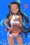  1girl ;o bare_arms bare_shoulders black_hair blue_background blue_eyes cowboy_shot crop_top dark_skin earrings forehead glint gloves hair_ornament hand_on_hip heart highres holding hoop_earrings jewelry kh_(kh_1128) long_hair looking_at_viewer midriff navel one_eye_closed parted_lips poke_ball poke_ball_(generic) pokemon pokemon_(game) pokemon_swsh rurina_(pokemon) short_shorts shorts single_glove sleeveless solo standing stomach thighs very_long_hair water 