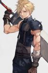  1boy 55level armor asymmetrical_armor bandages bare_shoulders black_gloves blonde_hair blue_eyes cloud_strife commentary final_fantasy final_fantasy_vii gloves highres holding holding_sword holding_weapon looking_at_viewer male_focus muscle short_hair shoulder_plates simple_background solo spiked_hair sword weapon 