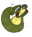  2019 bare_shoulders big_breasts breasts curvaceous eyebrows eyelashes female haibet hi_res holding_object holding_weapon huge_breasts looking_at_viewer lying naga nipples non-mammal_breasts nude pussy ranged_weapon reptile scalie simple_background smile snake solo thick_hips thick_thighs voluptuous weapon wide_hips 