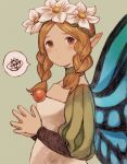  1girl blonde_hair blush braid butterfly_wings closed_mouth commentary_request dress fairy flower hair_flower hair_ornament long_hair looking_at_viewer maekakekamen mercedes odin_sphere pointy_ears red_eyes solo twin_braids wings 