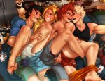  4boys bakugou_katsuki black_hair black_shirt blonde_hair bludwing boku_no_hero_academia card controller kaminari_denki kirishima_eijirou multiple_boys playing_card red_hair sero_hanta shirt shorts socks source_request underwear white_legwear yaoi 