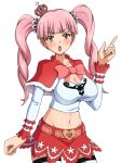  1girl :o bangs belt blunt_bangs blush bow breasts capelet cleavage cross crown eyebrows_visible_through_hair eyelashes heart large_breasts lipstick long_hair looking_at_viewer makeup midriff mini_crown navel one_piece perona pink_belt pink_bow pink_eyes pink_hair pointing pointing_up red_capelet red_lipstick red_skirt shirt simple_background skirt solo thighhighs tilted_headwear twintails white_background white_legwear white_shirt wokuni 