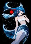  1girl appi bangs black_background blue_eyes blue_hair bra earrings expressionless feet_out_of_frame hand_up jewelry liquid_hair long_hair navel original red_circle red_earrings simple_background solo swept_bangs underwear water_drop waves white_bra 