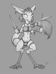  2019 4_toes anthro armor bikini clothing digital_media_(artwork) ear_piercing ear_ring ecmajor female fur hair hi_res holding_object holding_weapon mammal midriff navel out-of-placers piercing simple_background solo standing swimwear toes warrior weapon webcomic yinglet 