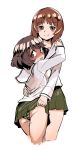  2girls absurdres akiyama_yukari aomushi_(mushamusha) arms_around_neck bangs blouse blush brown_eyes brown_hair camouflage camouflage_panties eyebrows_visible_through_hair girls_und_panzer green_skirt highres long_sleeves looking_at_viewer looking_back miniskirt multiple_girls neckerchief nishizumi_miho ooarai_school_uniform panties pleated_skirt pussy_juice school_uniform serafuku short_hair simple_background skirt underwear white_background 